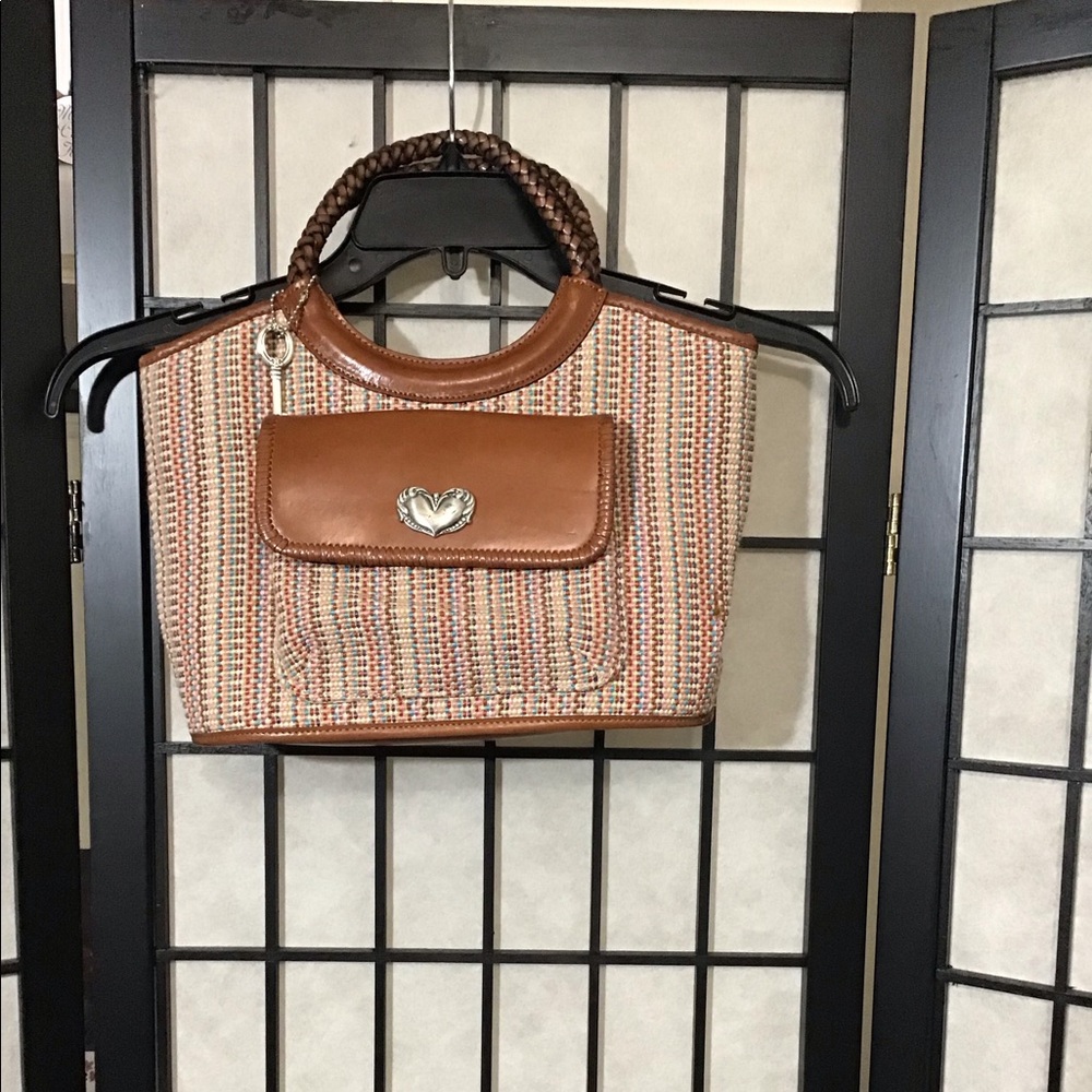 VTG Fossil Tweed Fabric With Leather Details and Braided Leather Handle Satchel.
